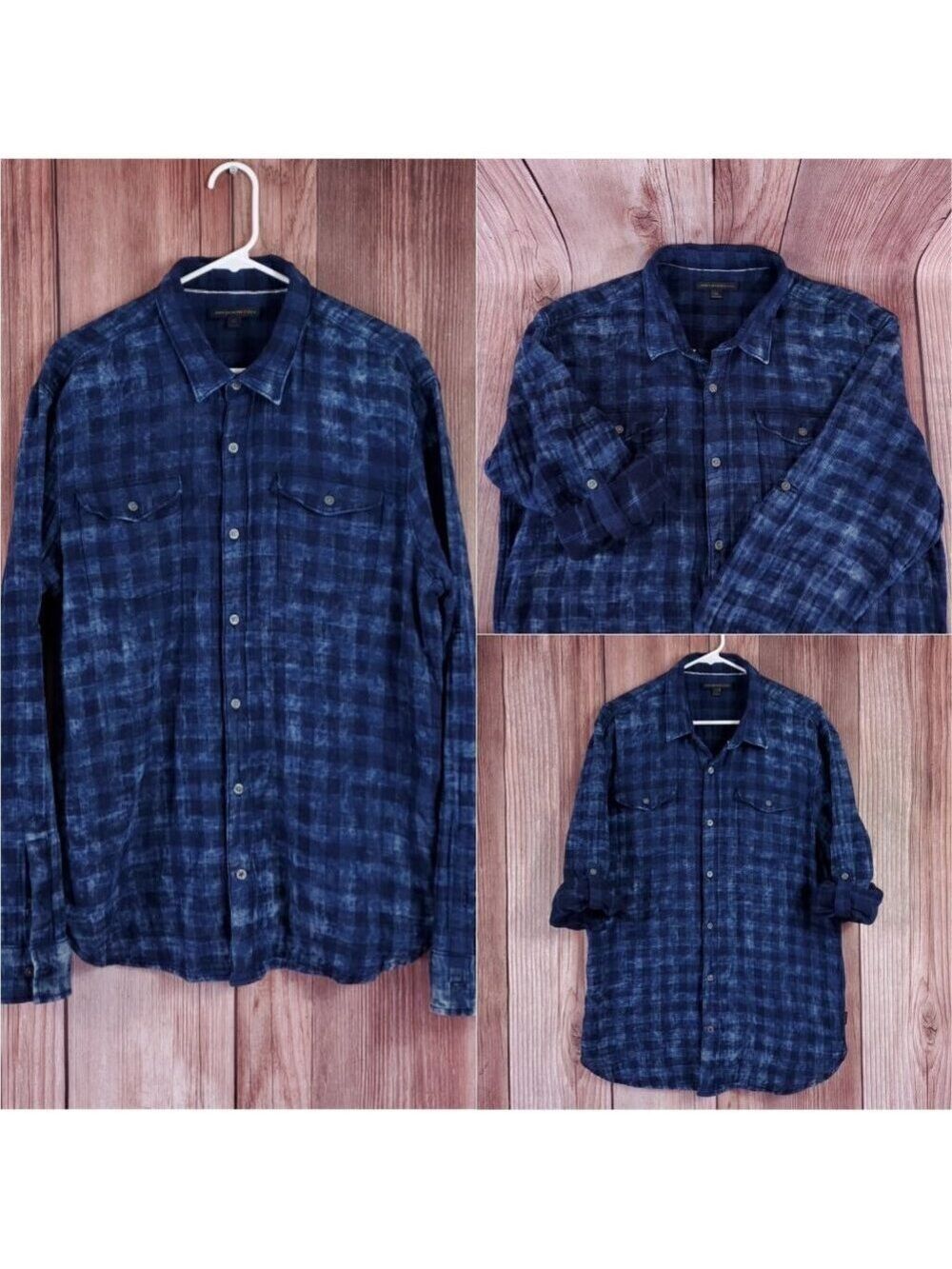 John Varvatos USA Mens XL Blue Plaid Check Double Pocket Cotton Roll Tab Shirt